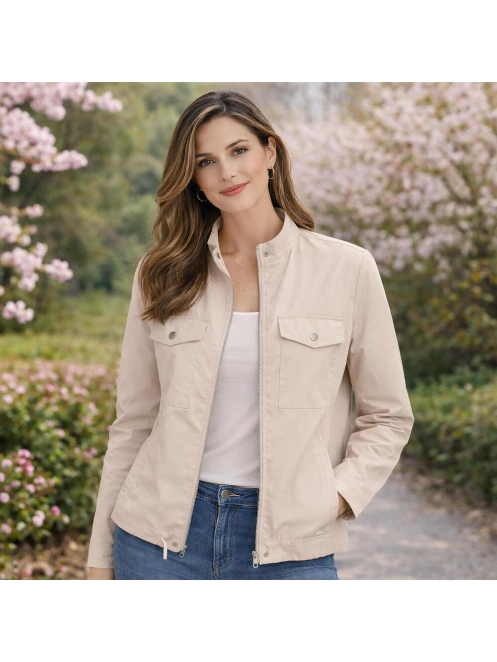 Beige Spring Jacket Zip Front Lightweight M